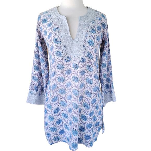 Roberta Roller Rabbit Blue Floral Tunic Kurta Cotton Embroidered XS - Picture 1 of 9